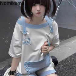 Japanese Cute T Shirt for Women Chic Embroidery Short Sleeve Summer Tees Y2k Tops 2024 Ropa Mujer Off Shoulder Casual Tshirts