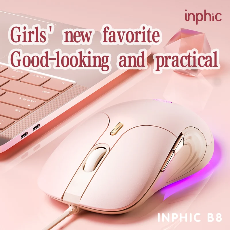 INPHIC B8 Wired Mouse Game Macro E-sports Girls Usb Silent Office Desktop Computer Wired Girls Mouse High Value Comfortable Feel