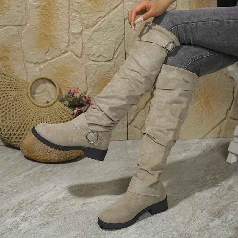 Female Women Boots Sexy Zipper Knee High Women Flats Shoes Square Toe Long Boots Thigh High Suede Chunky Heel Solid Botas