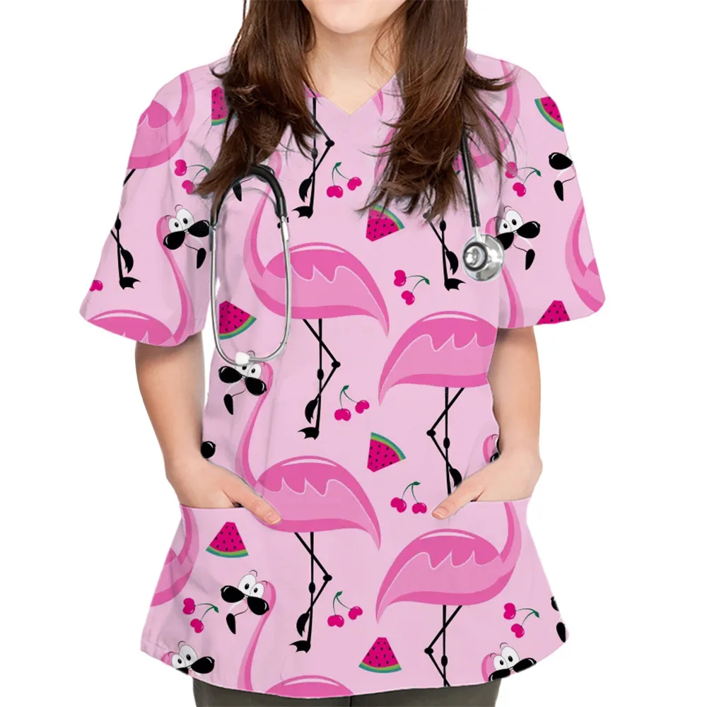 Surgical Uniform Woman Versatile Bird Print Surgical Gown Woman Short Sleeve Patch Pocket Top Dental Medical Uniform for Women