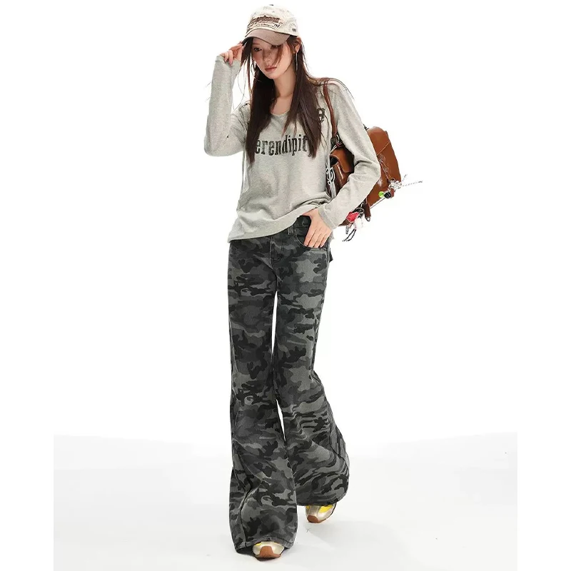  American Style Washed Camouflage Workwear Jeans Loose Straight Leg Casual Long Trousers for Women's Street Style Youth Fashion