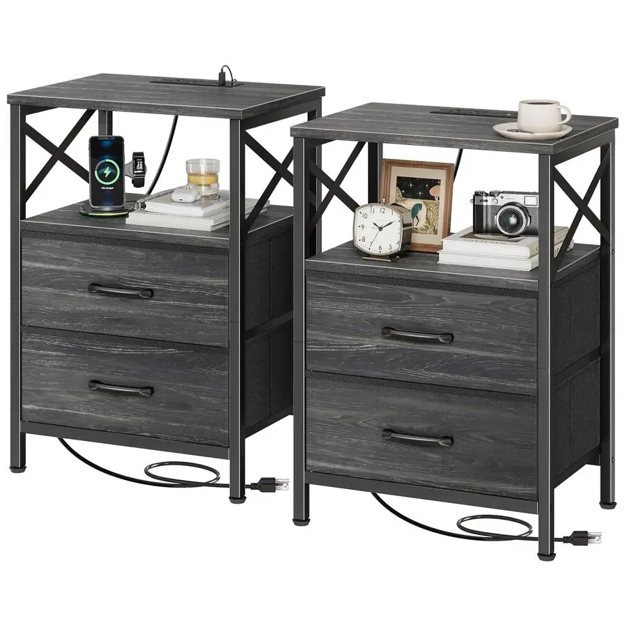 

Набор из 2 прикроватных тумбочек, прикроватная тумбочка с зарядным устройством, приставной столик с 2 ящиками и открытой полкой, портом USBC, торцевой столик для небольших помещений