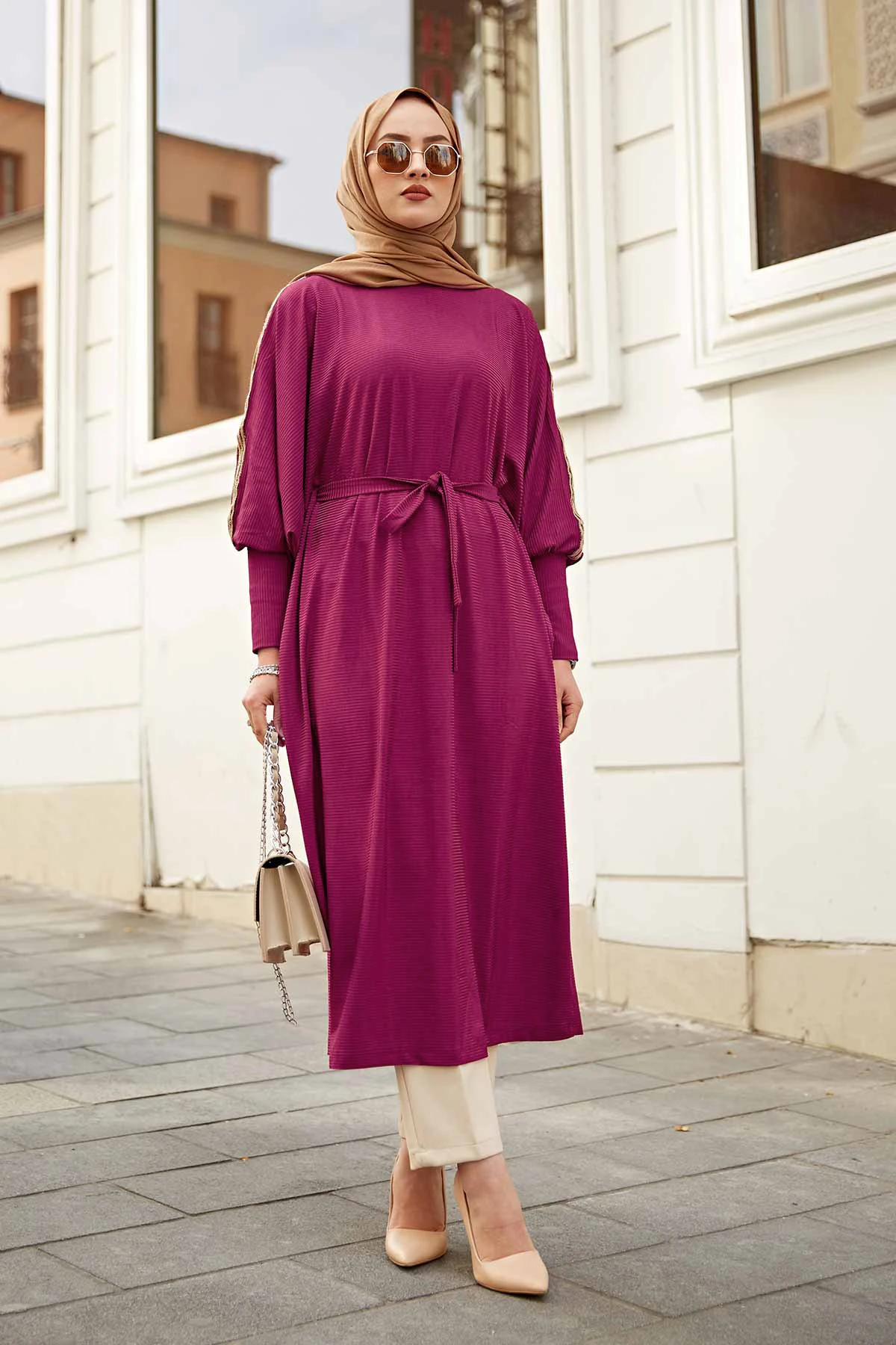 Raglan Sleeve Long Tunic MD Fuchsia Winter Autumn 2021 Muslim Women Hijab headscarf Islamic Turkey