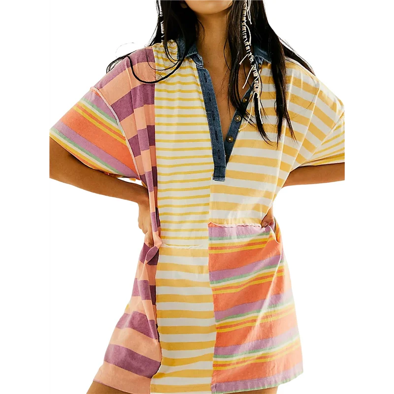 NEUE-Frauen Kontrast Gestreiften Babydoll Y2k Sommer Patchwork T-Shirt Kleid Vintage V-ausschnitt Kurzarm Kleid