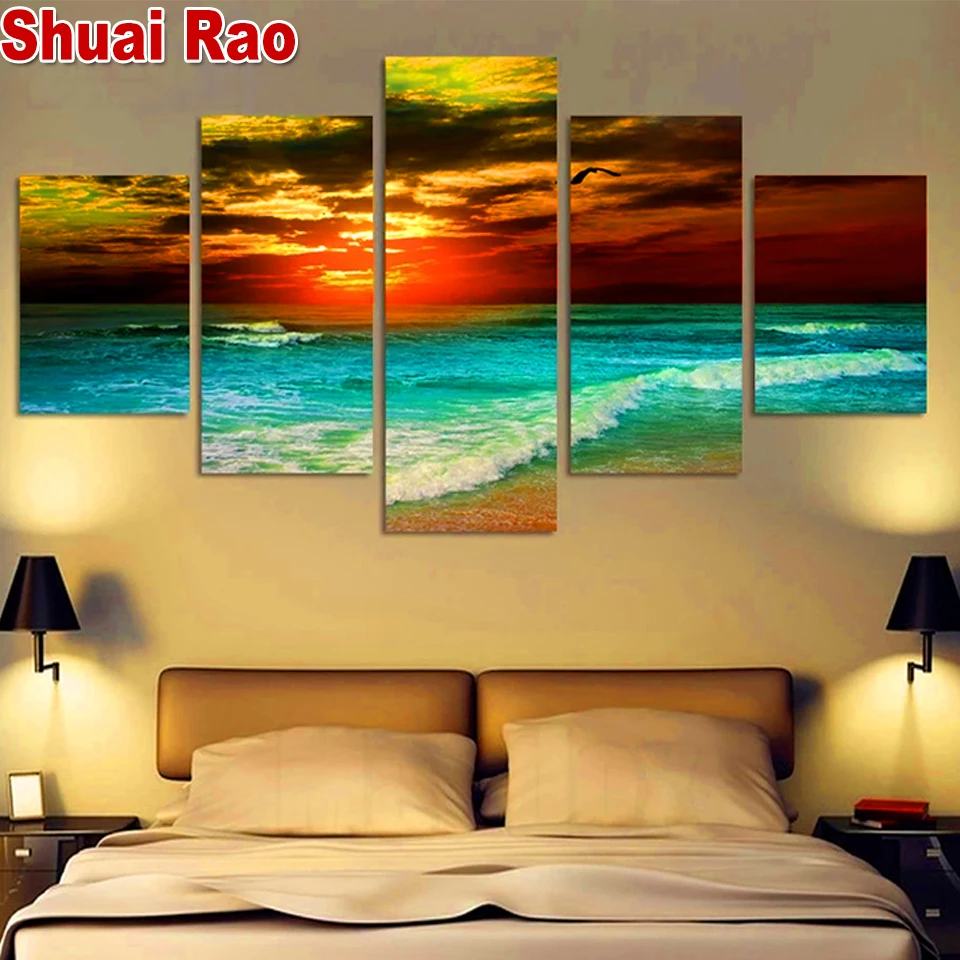 

Modern Diamond Painting 5 Pieces Blue Clear Sea Beautiful Sky Red Colorful Clouds Strange Natural Landscape Bedroom Decor