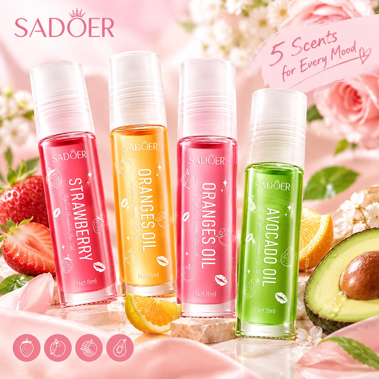 Hydrating Lip Oil Roller Gloss Moisturizing Lip Balm Fruit Extract Anti-Drying Nourishing Lip Care Treatment
