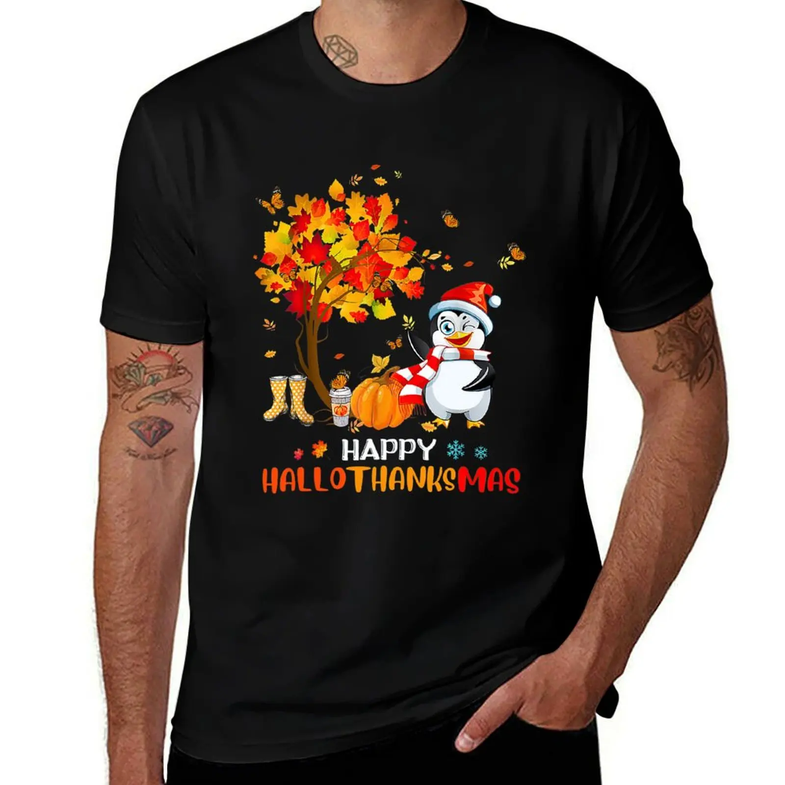 Pinguïn Halloween en vrolijk kerstfeest Happy Hallothanksmas T-shirt effen grafisch T-shirt kleding slim fit t-shirts voor heren