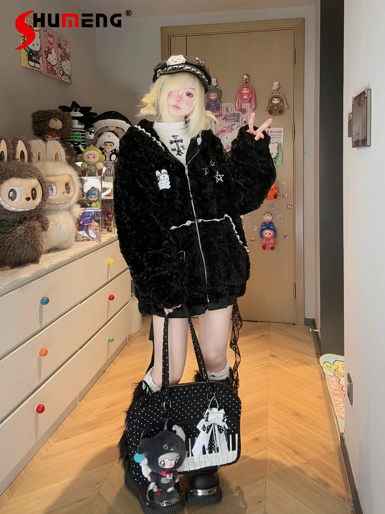 

Autumn Winter Plush Jacket Japanese Subculture Black Rabbit Ear Hooded Faux Fur Coat Girl's Sweet Cool Fashion Punk Outerwear