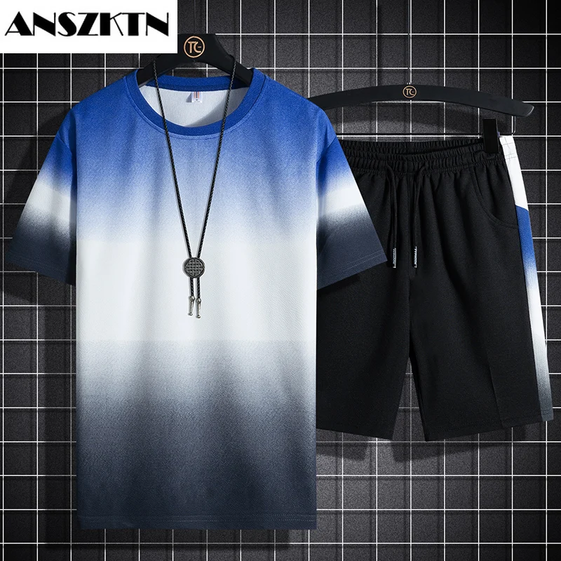 ANSZKTN Set da uomo abbigliamento sportivo t-shirt estiva pantaloncini Casual tuta personalizzata Plus Size tuta sportiva Street wear set da 2 pezzi