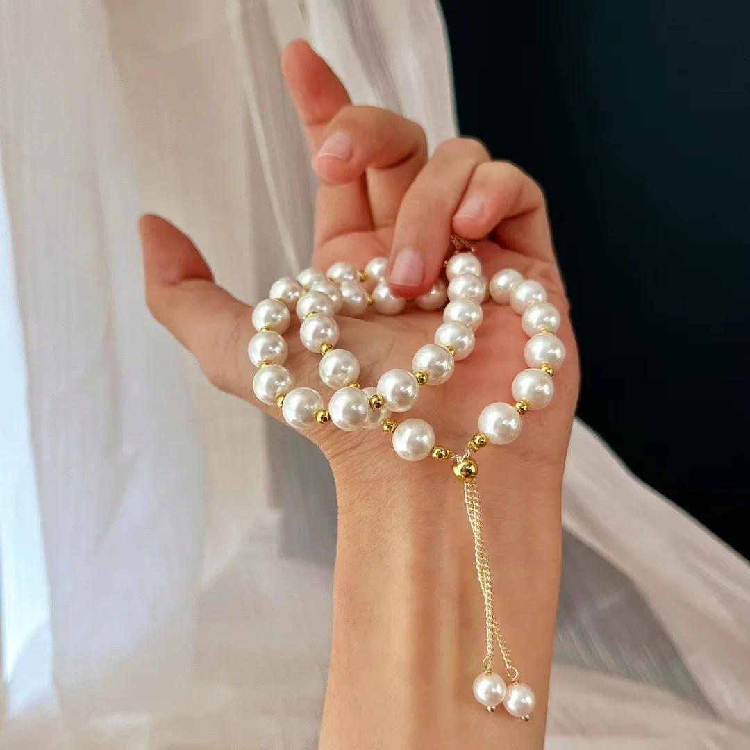 Vintage White Shell Pearl Starlight Drawstring Adjustable Bracelet, Delicate Constellation Beaded Hand Chain for Women