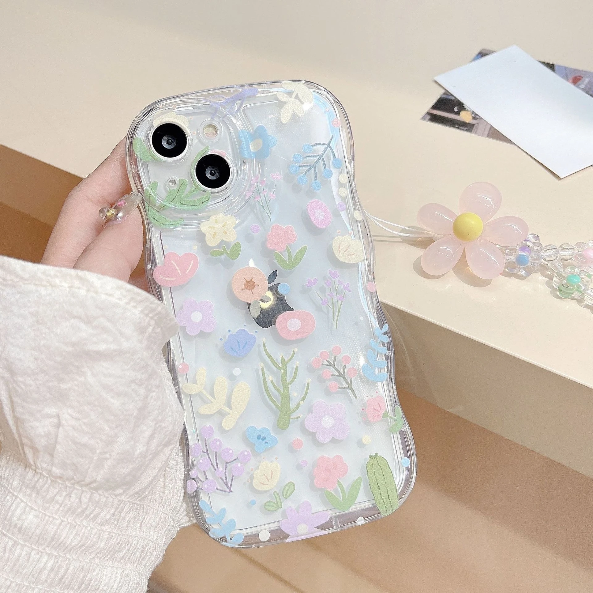 

Cute Colorful Floral Case for iPhone 17 16 Pro Max 15 14 Plus 13 with Lanyard, Flower Pattern Wavy Border Clear Shockproof Cover