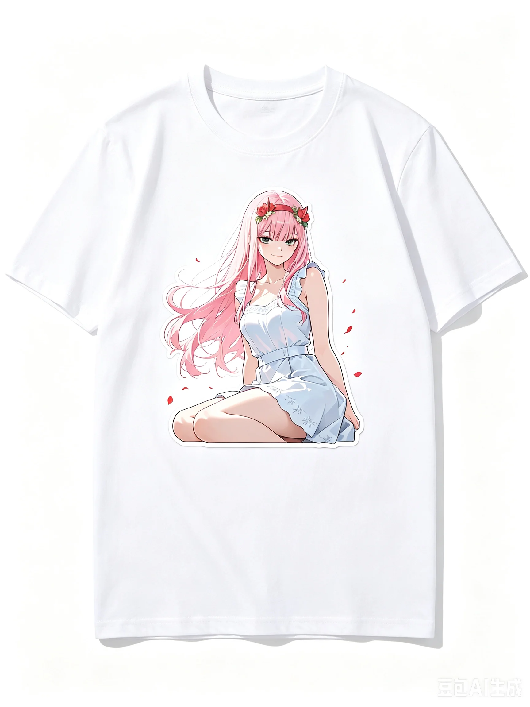 2026 New Unisex Crew Neck Casual Short Sleeve T-Shirt With Flower Wreath Dress Zero Two Kneeling Cutout Anime Print T-Shirt