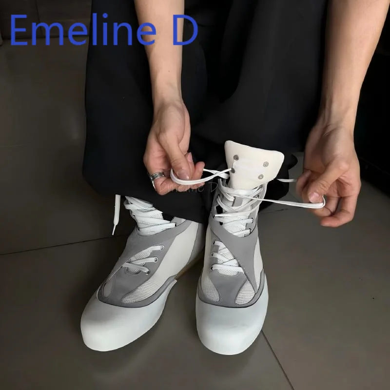 

White High Top Shoes Men's Mesh Color Blocked Strap Design Short Boots Fashionable Casual Flat Sports Shoes Retro Boxing Shoes