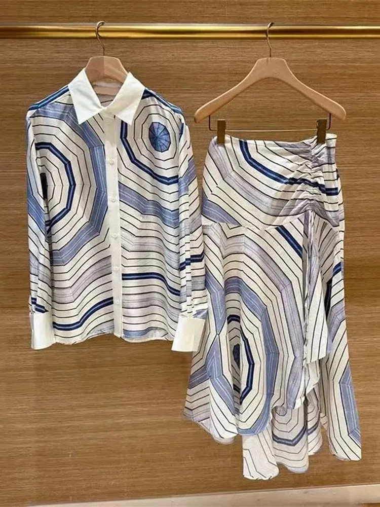 

S Home 2025 Summer New Geometry Print Color Blo irt ort Pants Long Sve irt Pleated Skirt Set Women's Busin...