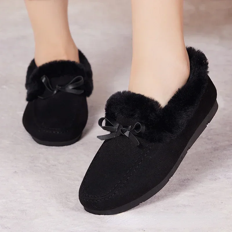 ผู้หญิงฤดูหนาวรองเท้าสบายๆใหม่รองเท้าแตะนุ่มแบนลื่นLoafersแฟชั่นComfort Warm Plush Bow Slipบนรองเท้าผ้าฝ้ายหญิง