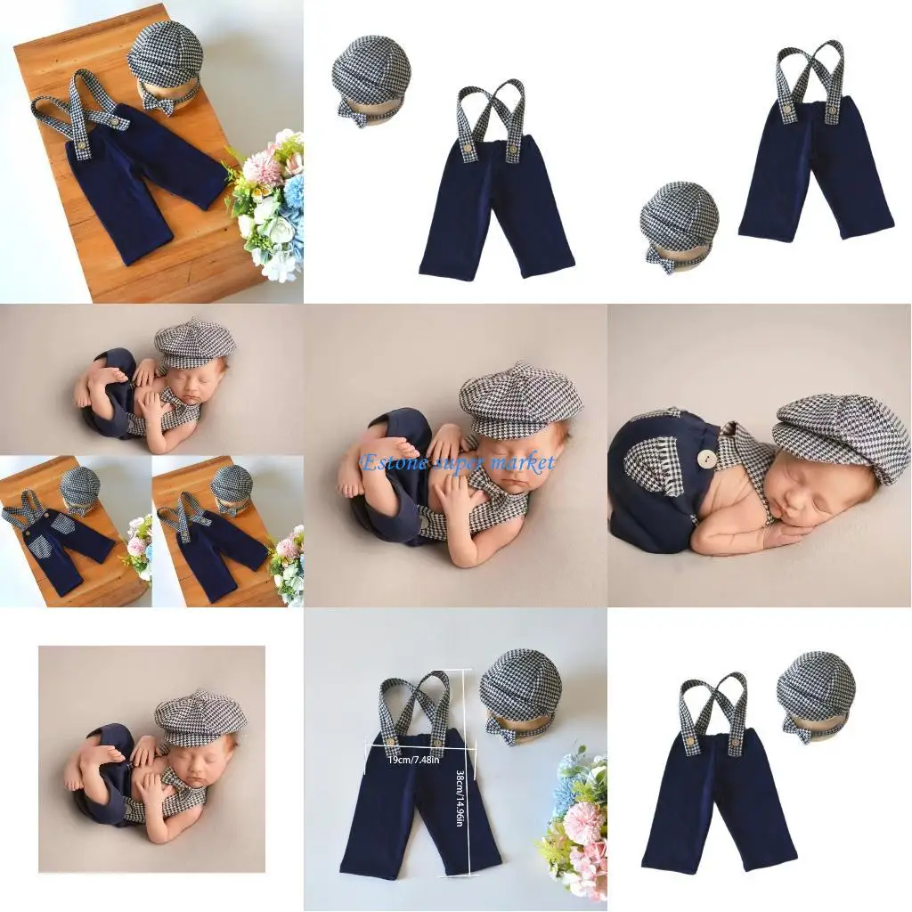 

090B Infant Photography Costume Cap Suspenders Romper for 0 to 2 Months Baby