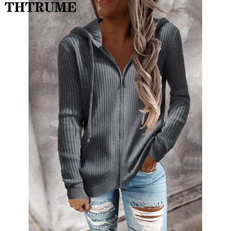 Autumn Winter Warm Hoodies Fashion Long Sleeve Zipper V-Neck Elegant Women Loose Hooded Casual Office Lady Knit Chic Sweatshirts