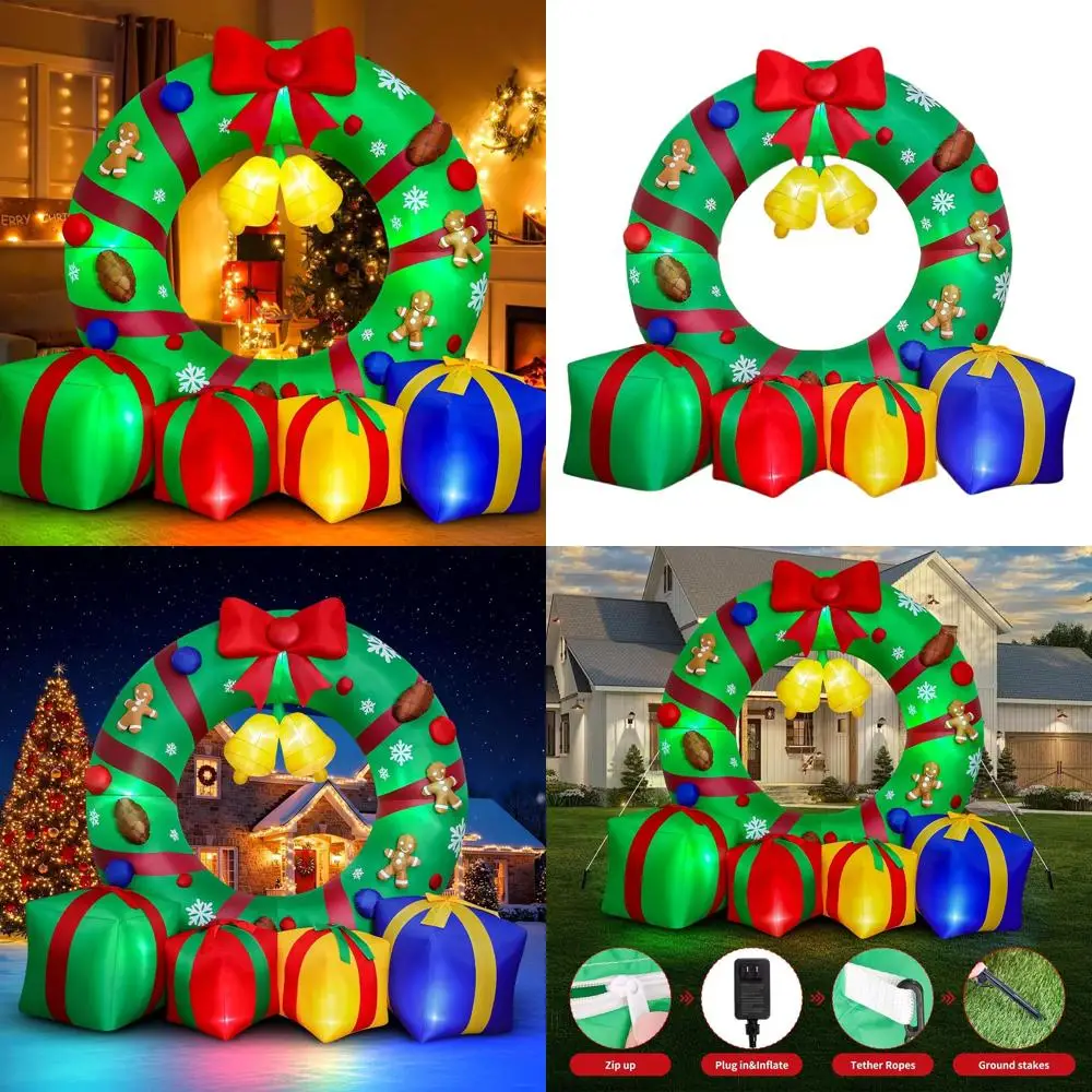 

Giant 10-Foot Inflatable Christmas Wreath with Gifts and Bells, Outdoor LED-lit Holiday Lawn Decoration