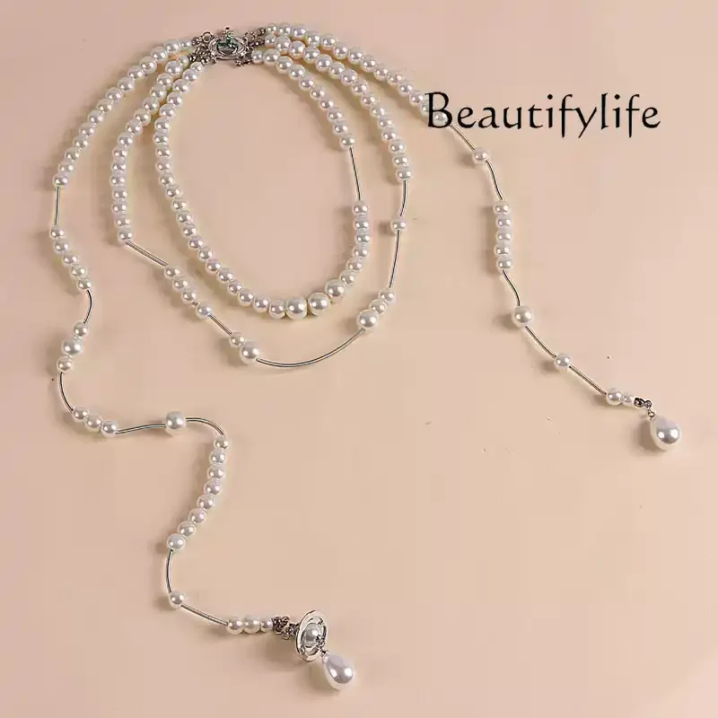 European, American autumn and winter long pearl necklace multi-layer fringed niche high-end sweater chain