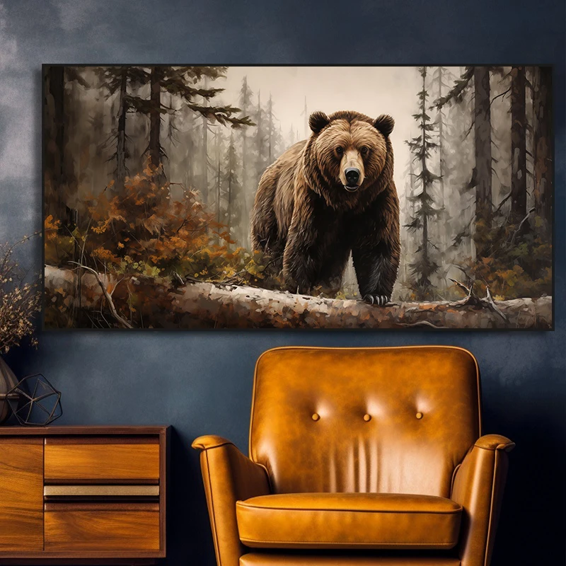 Large-sized frameless canvas paintings,Grizzly Bear and Deer in Misty Forest Canvas Painting Print Wall Art, Wild Animals Poster