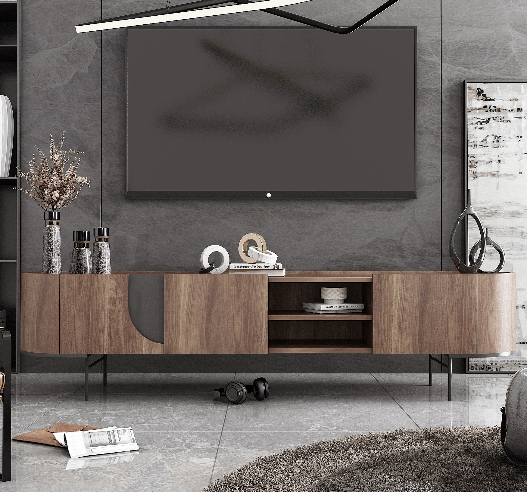 Basement leisure furniture, walnut black wood, TV cabinet