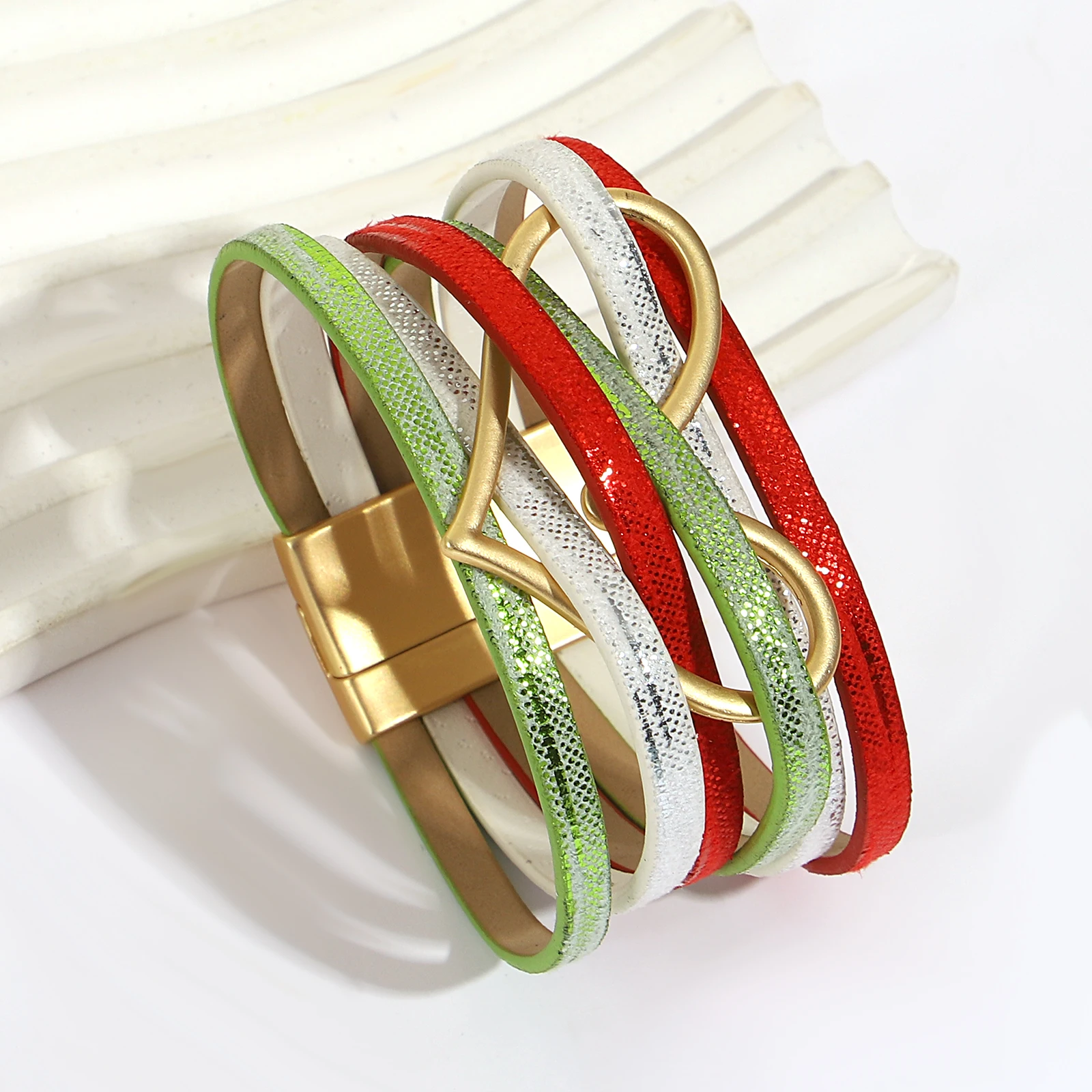 

Amorcome Classic Hollow Out Heart Leather Bracelet for Women Multilayer Thin Chain Magnetic Buckle Bangle Party Jewelry Gift