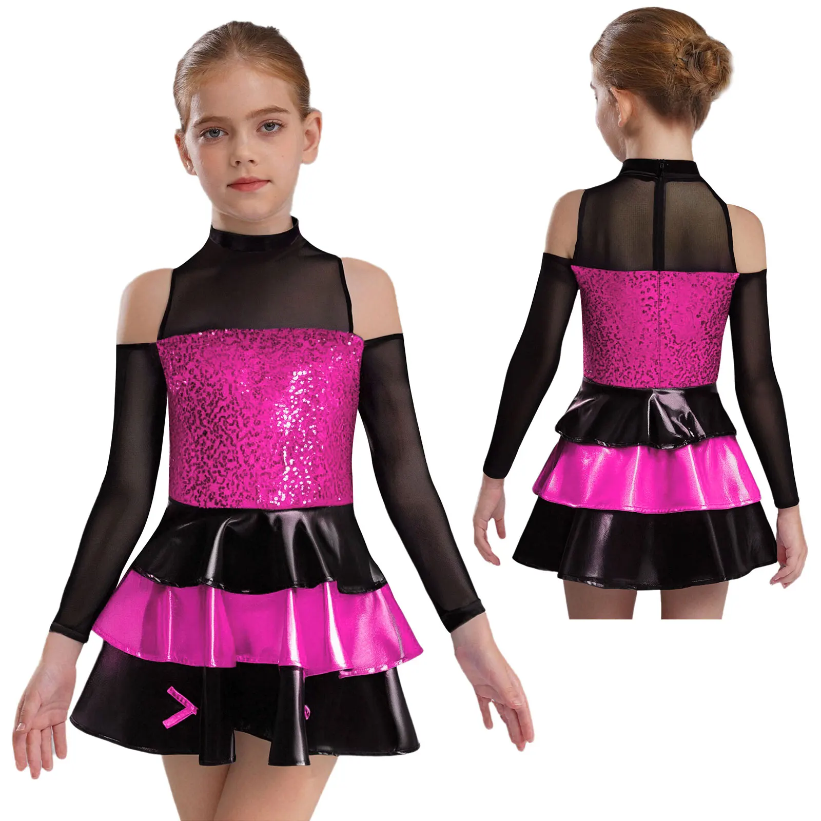 

Girls Shiny Metallic Jazz Tango Ballroom Stage Dance Performance Dress Long Sleeve A-line Jazz Tango Party Raves Dance Outfits