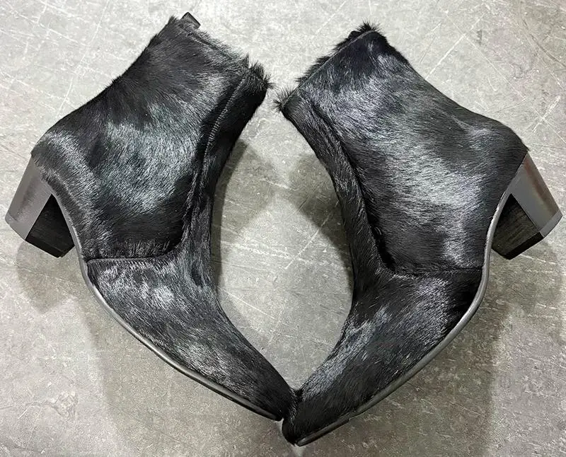 Genuine Horse Hair Leather Chelsea Ankle Boots Pointed Toe Block Heel Side Zip Mens Fashion Ankle Boot Luxury Textured Footwear