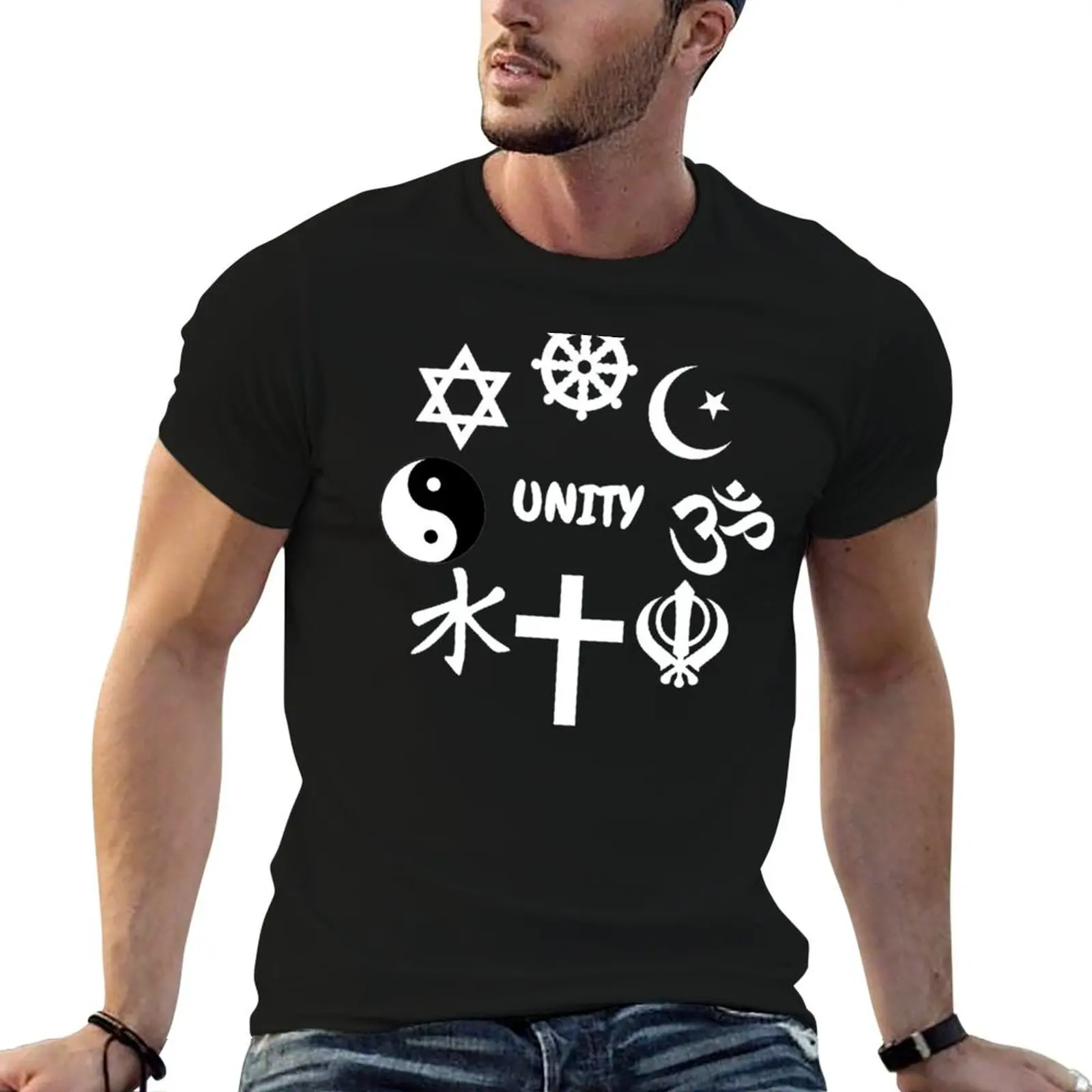 T-shirt noir avec symboles religieux, t-shirt décontracté à manches courtes pour tous les jours