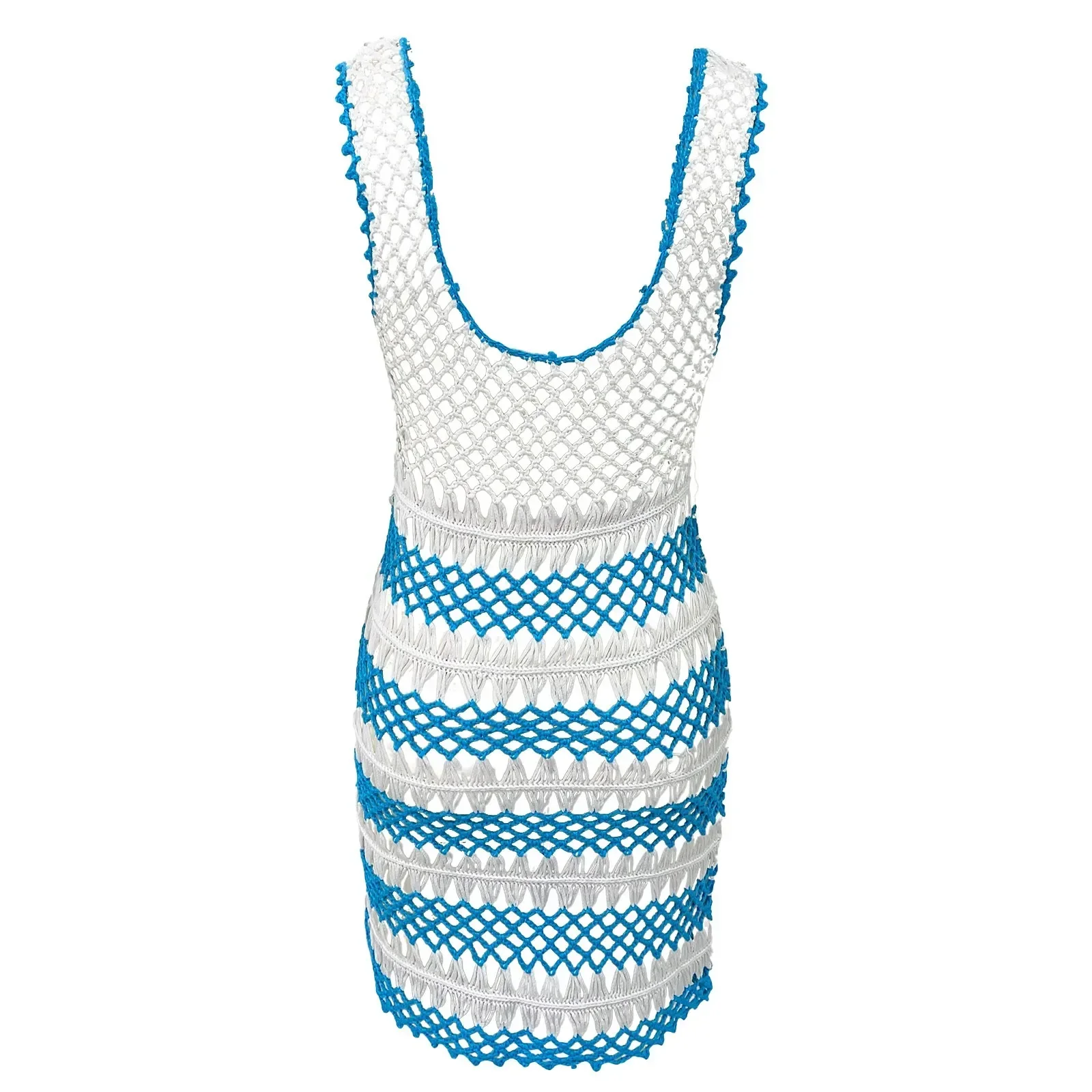 Sommer durchsichtiger, gestrickter, gehäkelter Netzstoff, reine Farbe, tiefer Ausschnitt, einteiliger Badeanzug 2024, Bordüre, Strand-Tunika-Kleid, heiß