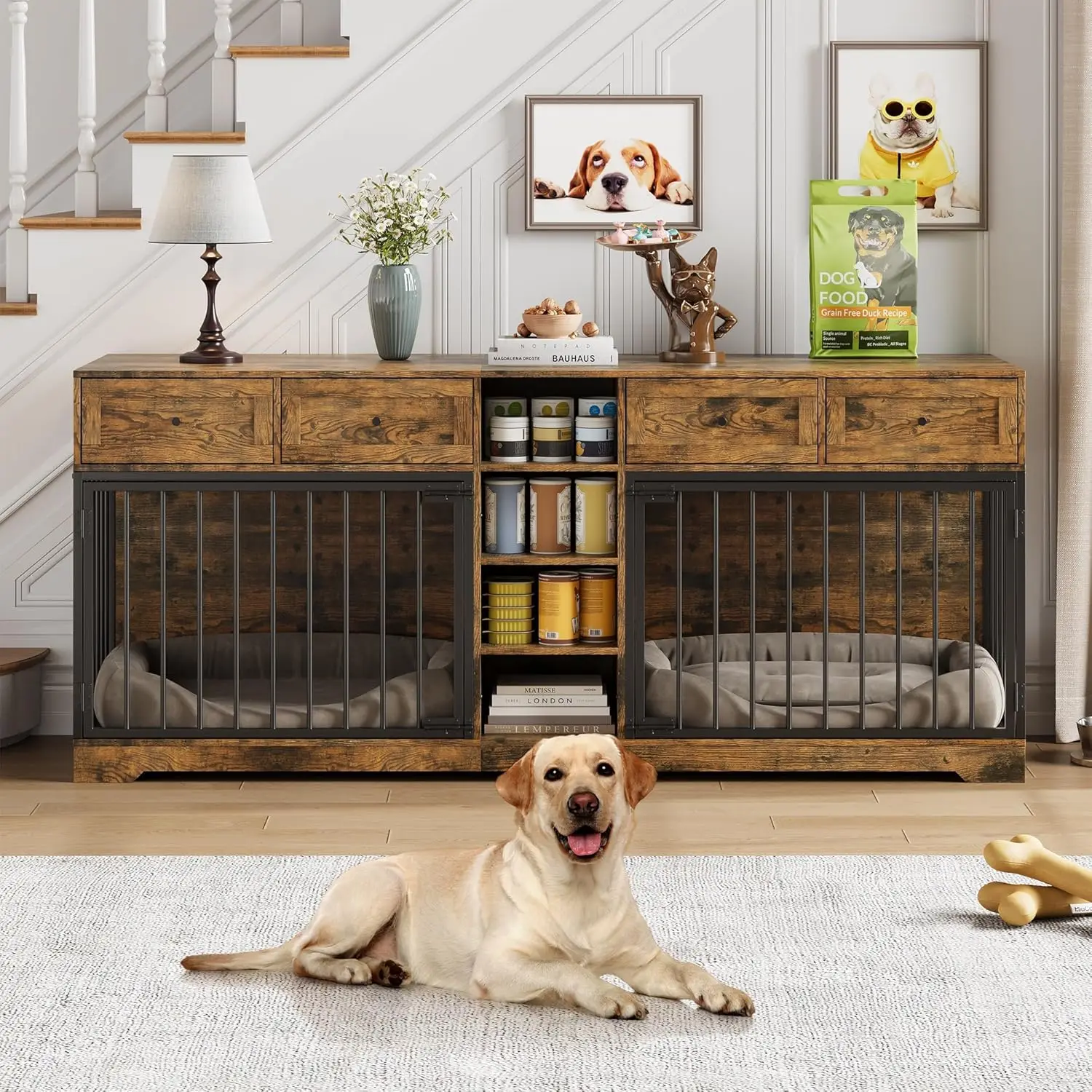 

Large 82" Double Dog Crate Furniture with Drawers and Shelves, Heavy Duty Wooden Kennel TV Stand for Indoor Use, Brown