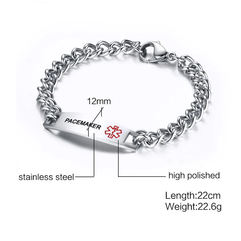Medical Bracelet Men Stainless Steel Chain Titanium Tag Bracelet DIABETES EPILEPSY WARFARIN PACEMAKER Bracelet Factory Wholesale