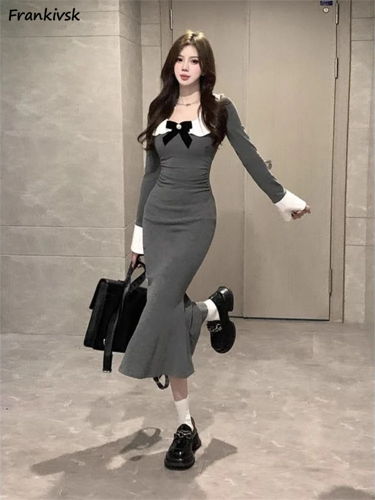 

Dresses Women Slim Sexy Elegant Temperament Spring Bow Panelled Patchwork Retro Long Sleeve Abdomen Korean Style Mature Casual