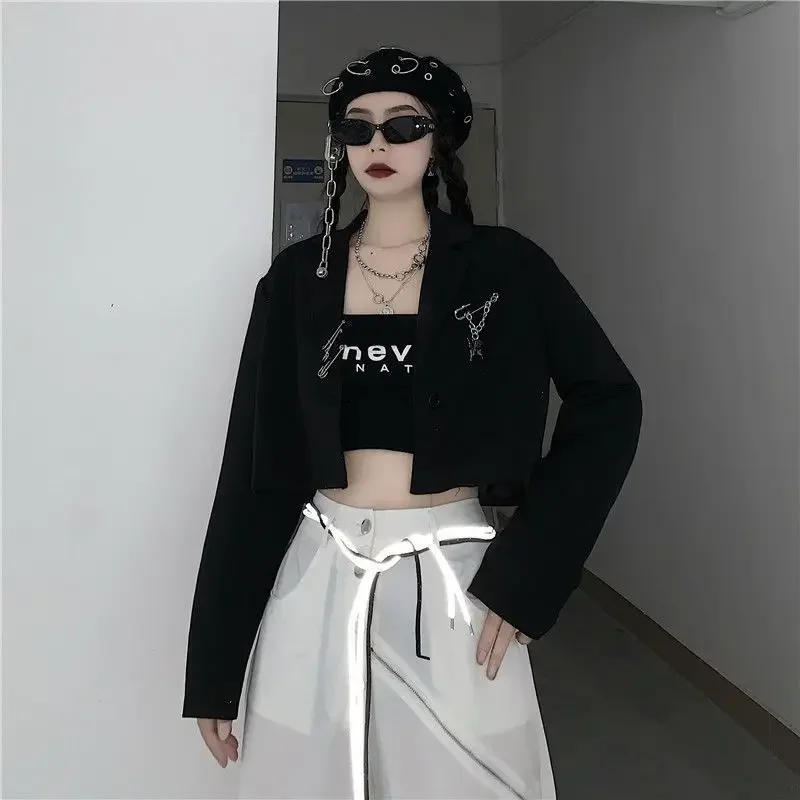 Cropped Blazers Women Designer Chain Notched Hipsters S-3XL Youth Autumn Ulzzang Streetwear Personality Teens Y2k New Overcoats