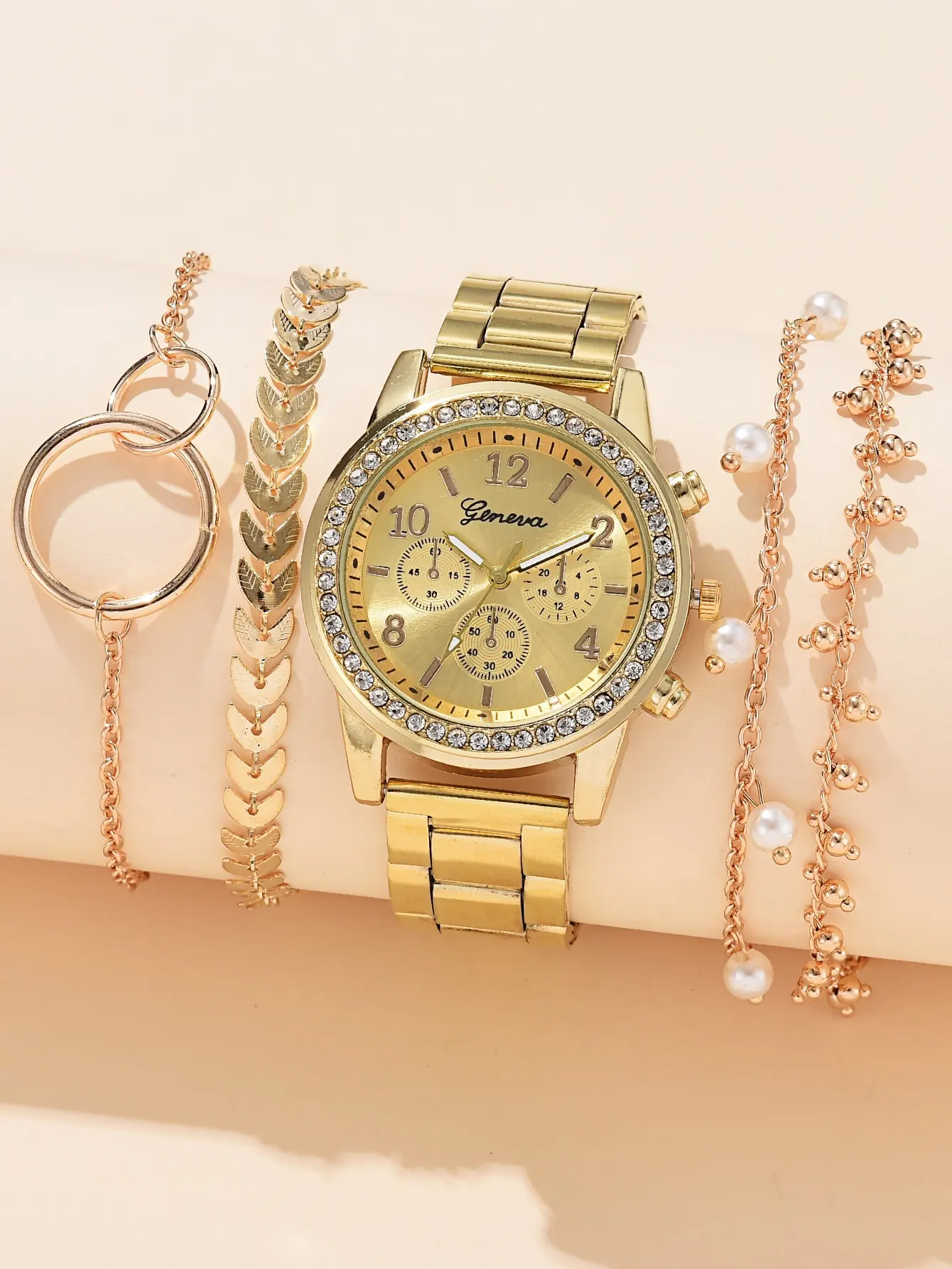 5PCS Gold Round Quartz Watch Women Fashion 3 Eyes Alloy Strap Gift Rhinestone Watch For Women Jewelry Set