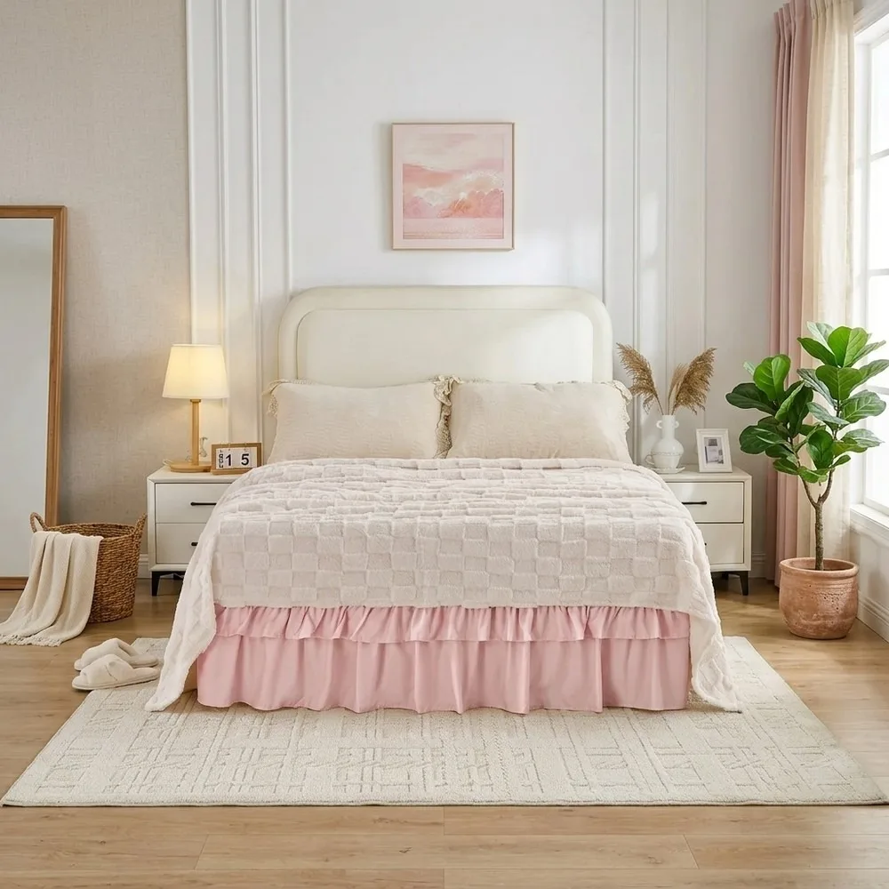 Double Ruffle Bed Skirt 16 Inch Drop, Elastic Wrap Around Dust Ruffle for Twin Full Queen King, Easy Install, Machine