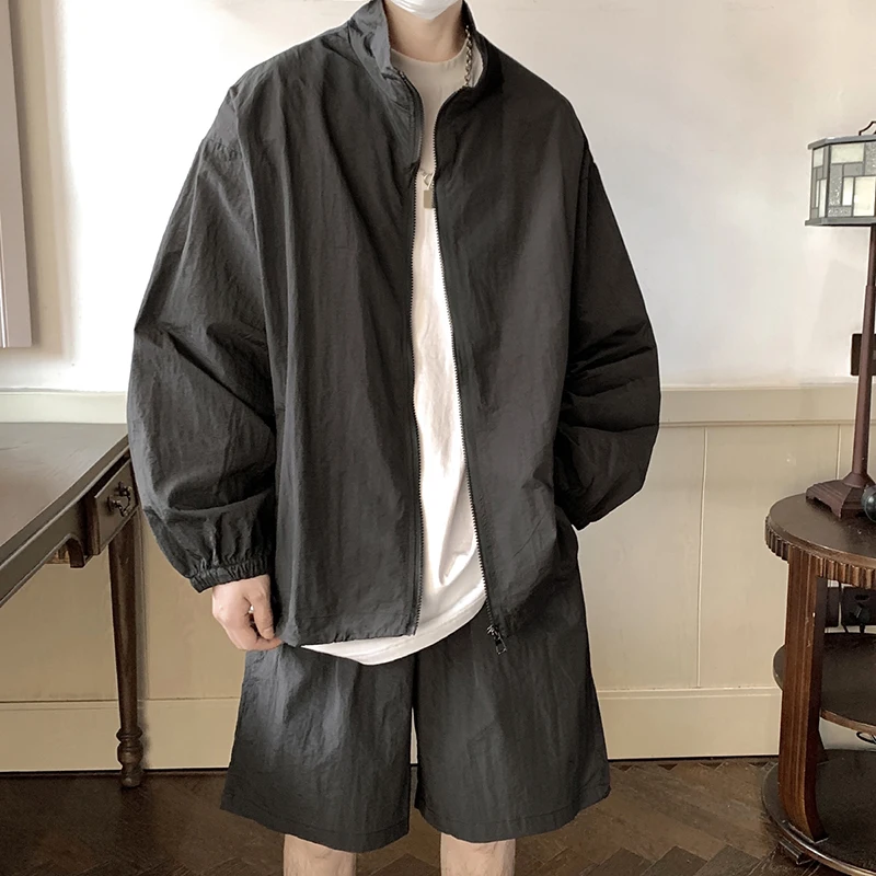 Men's Outdoor Summer Hiphop Sports Suit Casual Loose Sun Protection Thin Zipper Jacket with High Street Shorts Two-Piece Set view 4
