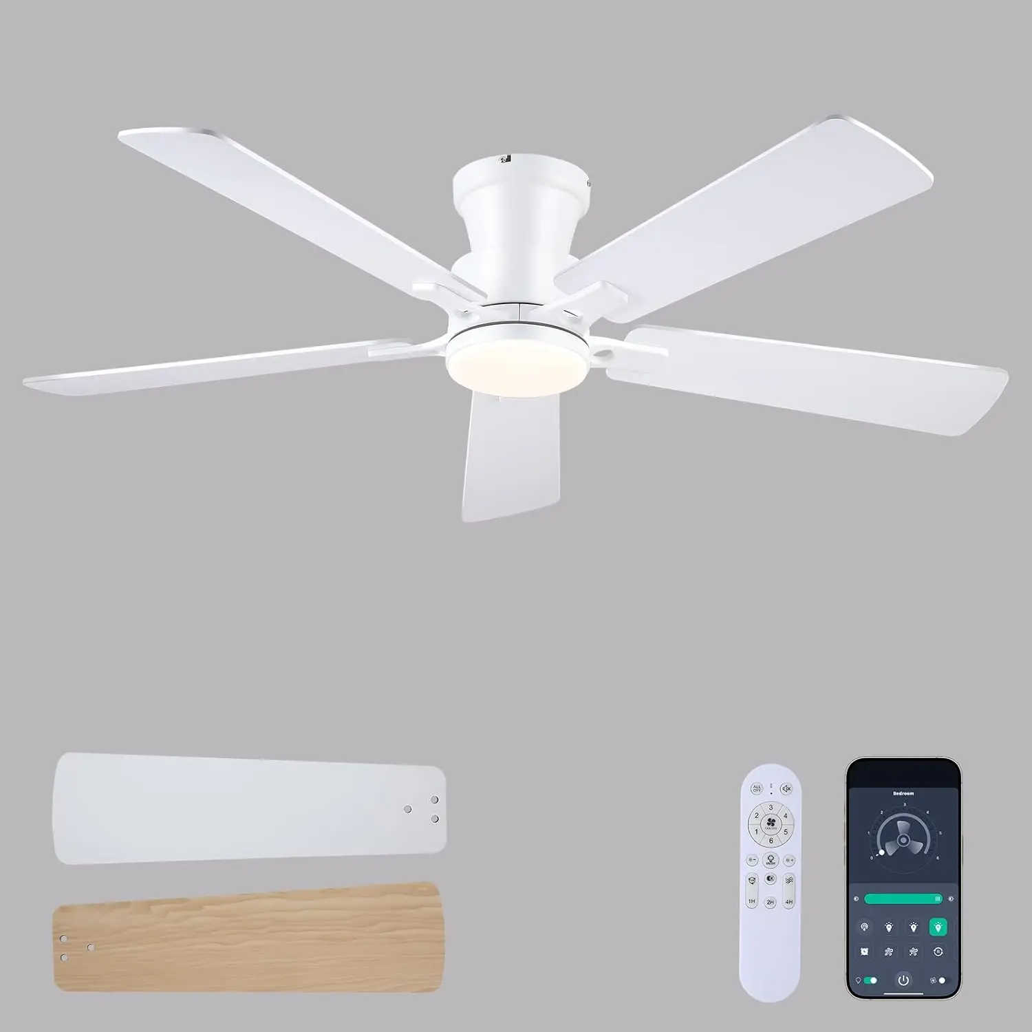 

52" Ceiling Fan with Lights and Remote, Low Profile Flush Mount, DC Motor, 3CCT Dimmable, Noiseless, 6 Speeds, White for Indoor/Outdoor