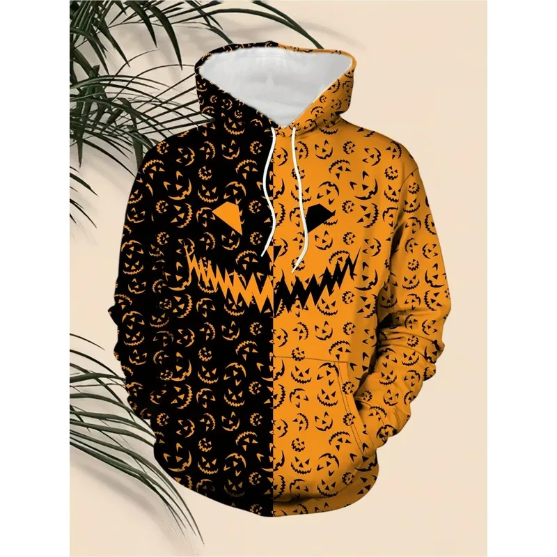 Men Halloween Hoodie Black Orange Split Jack‑O‑Lantern Pumpkin Face All‑Over Print Sweatshirt Drawstring Long Sleeve Pullover Pa