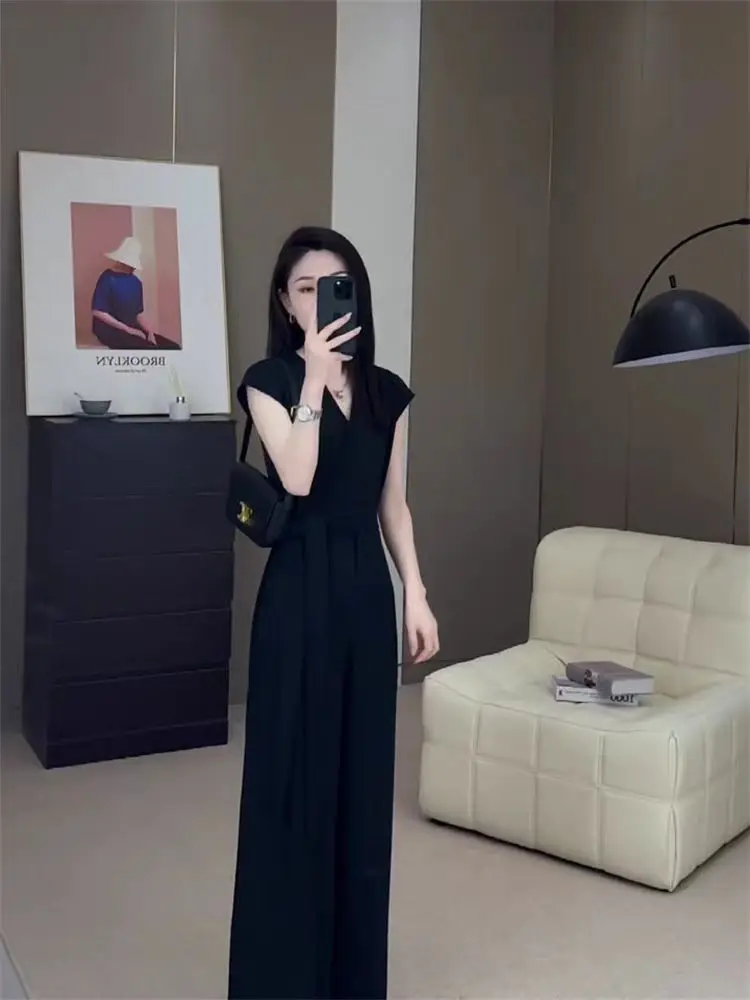 

Ele Pure Color Casual Svel V-Ne Waist-Cinched Wide Leg Jumpsuit High Waist Long Pants Polyester Fiber