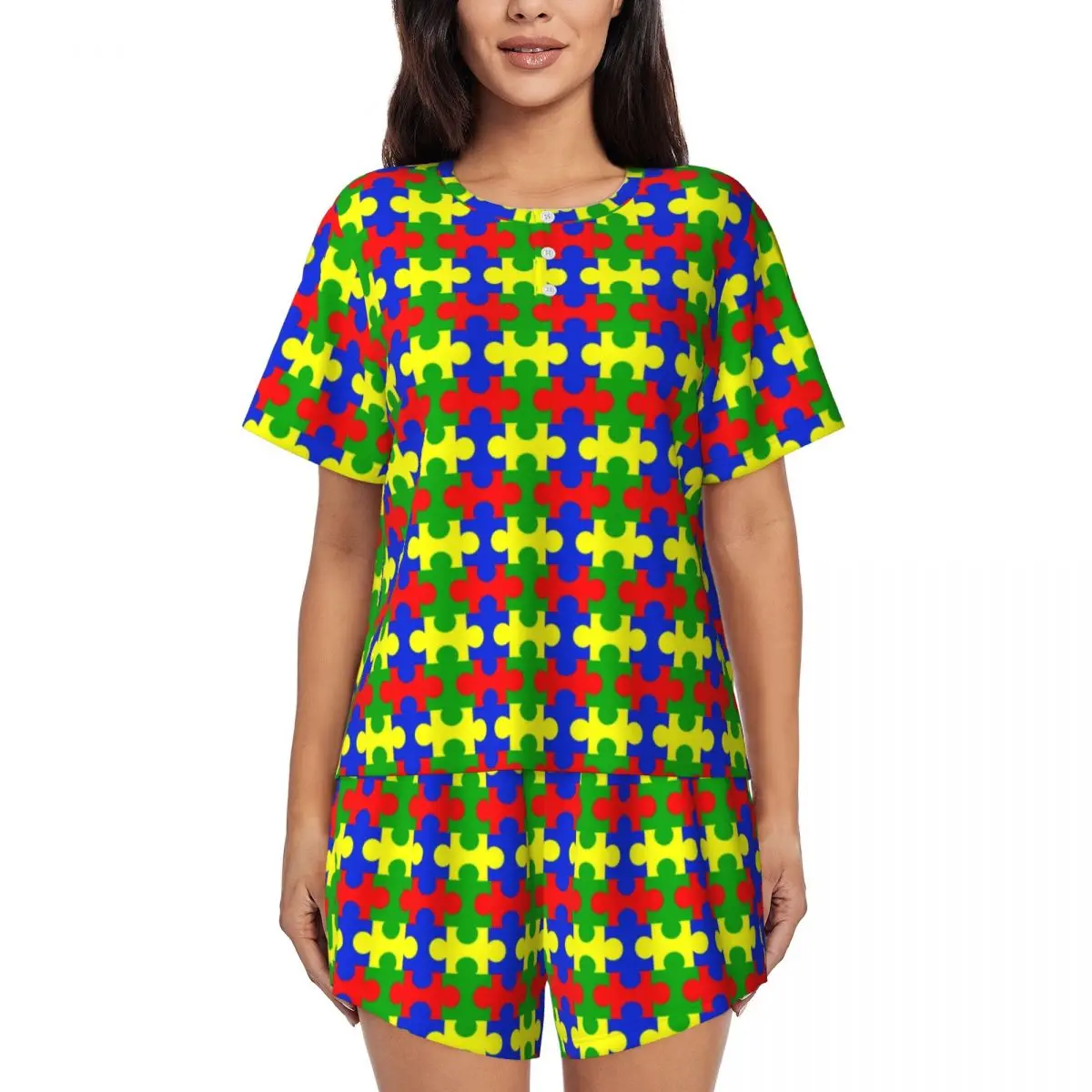 Custom Print Women Colorful Jigsaw Puzzles Autism Awareness Pajamas Set Short Sleeve 2 Piece Sleepwear Pj Lounge Sets