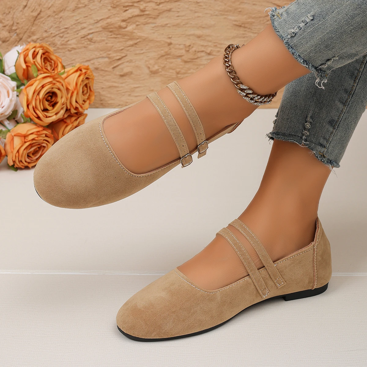 Damen Mary Jane Ballerinas mit doppeltem Riemen, runder Zehenpartie und weicher Sohle, Freizeitschuhe – Detail 7
