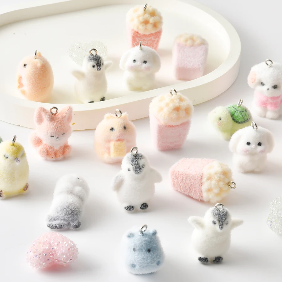 4/6Pcs Mix Kawaii Rabbit Flocking Puppy Dog Charms Making Resin Sea Animal Turtle Fox Bedels DIY Phone Chains Jewelry Materials