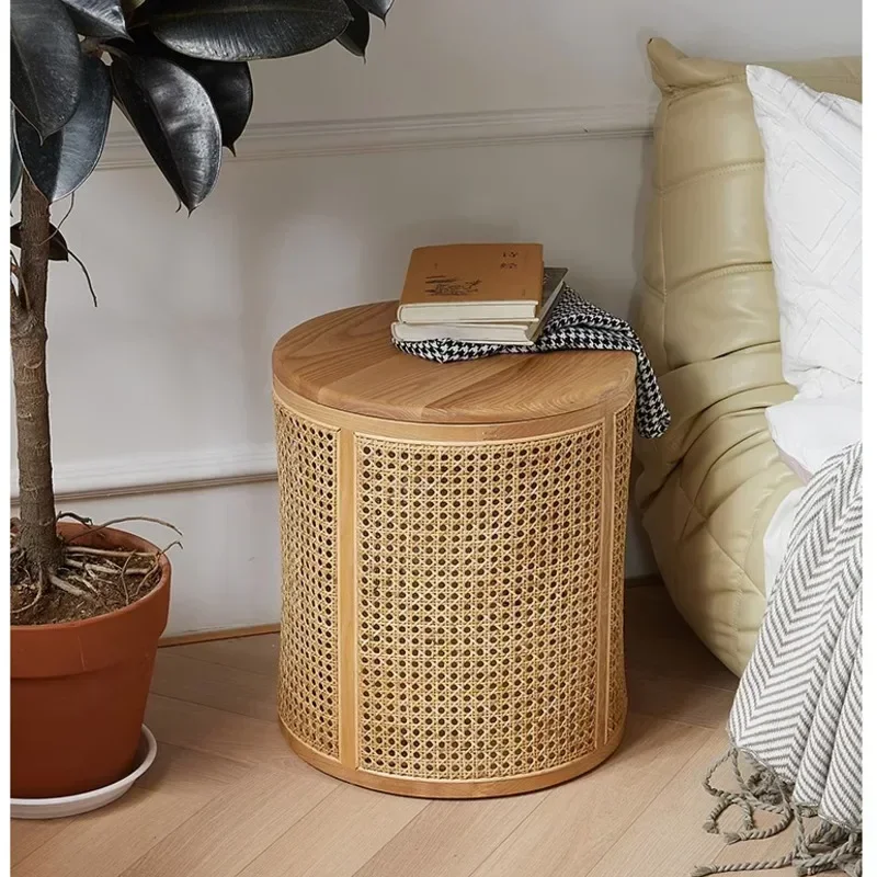 

Middle Ancient Style Bedside Table Solid Wood Rattan Side Table Bedroom Round Coffee Table Clamshell Storage Laundry Basket