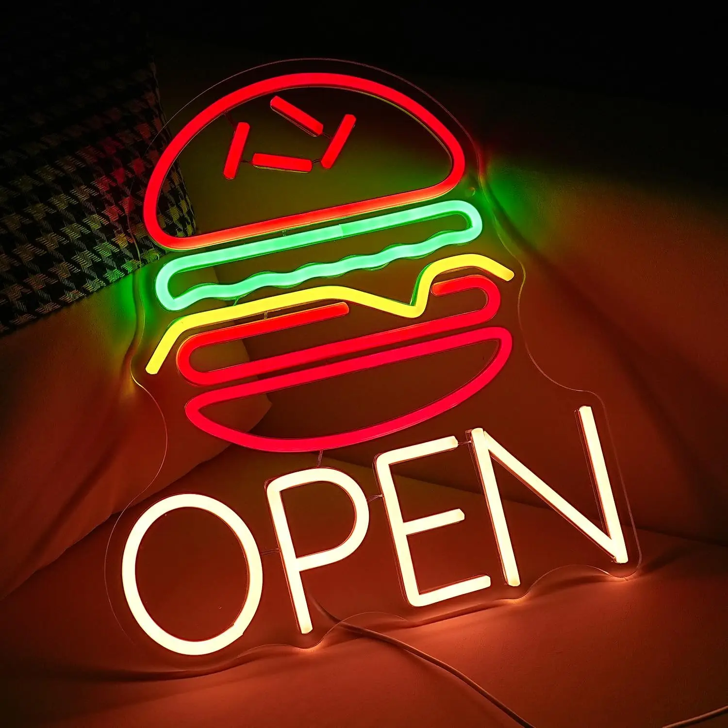 Hamburg Open Neon Sign Dimmable Led Open Sign Burger Sign Wall Decor for Fast Food Bar Kitchen Restaurant Food Neon Light