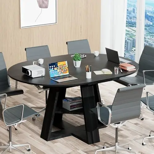 43.3in-59in Extendable Round Conference Table for 4-6 People,Wooden Oval Meeting Room Table with Removable Leaves,Space