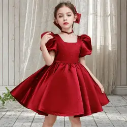 2024 Square Neck Bubble Sleeves Children Dress Fashion Girls Princess Dresses Birthday Party Sweet Girl Clothing Simple Clothes