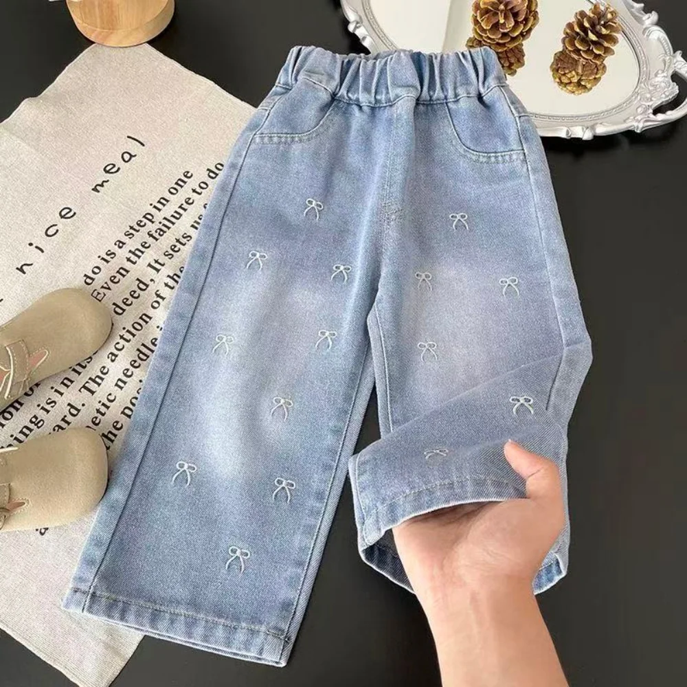 Girls' Jeans Spring and Autumn Fashion Children's Bow Straight Leg Pants Casual Wide Leg Pants 2-9Y