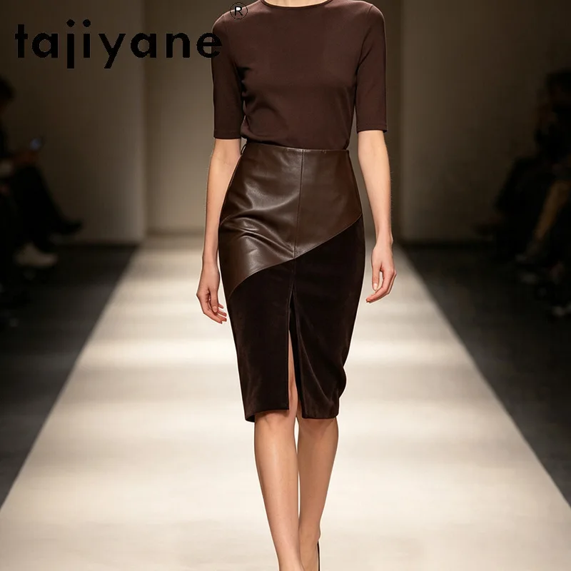 TAJIYANE Genuine Leather Skirt Sheepskin Spliced Suede Sheepskin Women's Skirts Bodycon Midi Skirt Front Slit Skirts of Woman