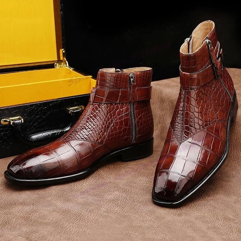 Brown Crocodile Skin Men's Ankle Boots Strappy Buckle Decor Round Toe Chunky Heels Comfortable Shoes Casual Business Shoes